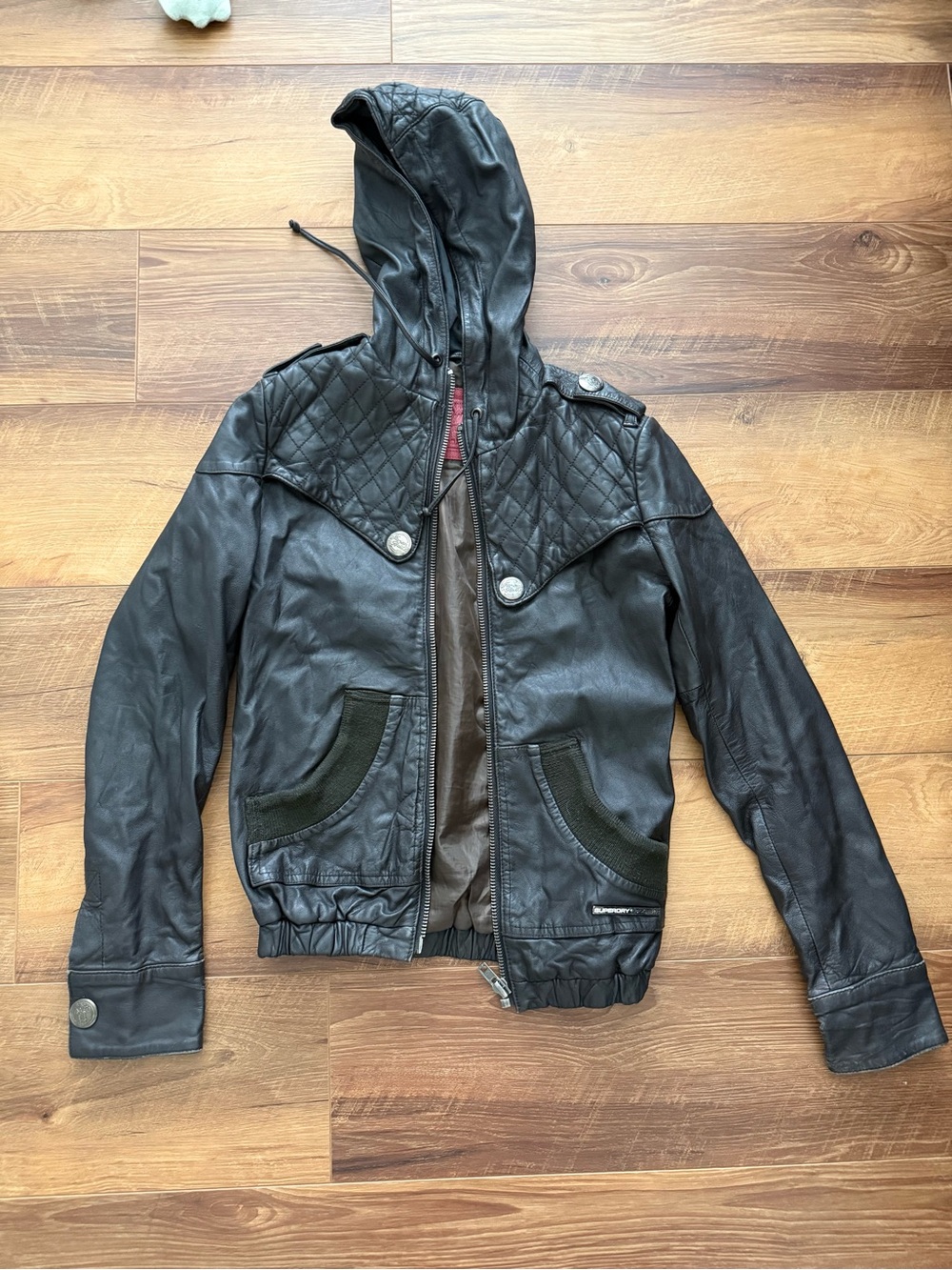SuperDry vintage dark brown Hooded Quilted Leather Bomber Jacket size XS